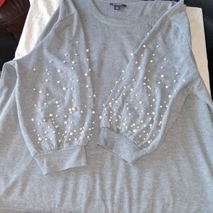 Roaman's Gray Sweatshirt with Pearl Embellishments 1x Pearls